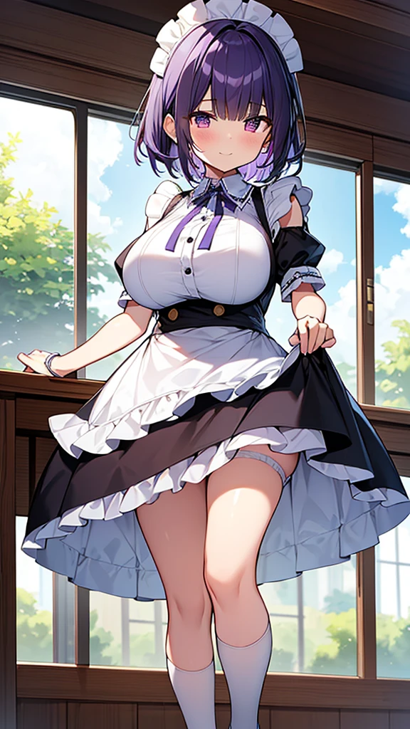 最high quality, high quality, Super detailed, 32k, Ultra-detailed details, Sister and maid, {{メイドのサキュバスは妹の顔になってる}}, (Standing, pretty girl, beautiful purple hair, short hair, Beautiful RED eyes, mature, Big Breasts, A light smile, Off-the-shoulder sleeveless Summer メイド服, Summer casual maid clothes, Short skirt, Blue and white color striped underwear, Black knee socks, loafers, She's holding up her skirt with both hands to show her underwear, 18-year-old,cute), A maid who moves her body vigorously without caring if her breasts bounce, Super detailed, indoor, Full body image, ((Head to Toe:1.3)), NSFW
