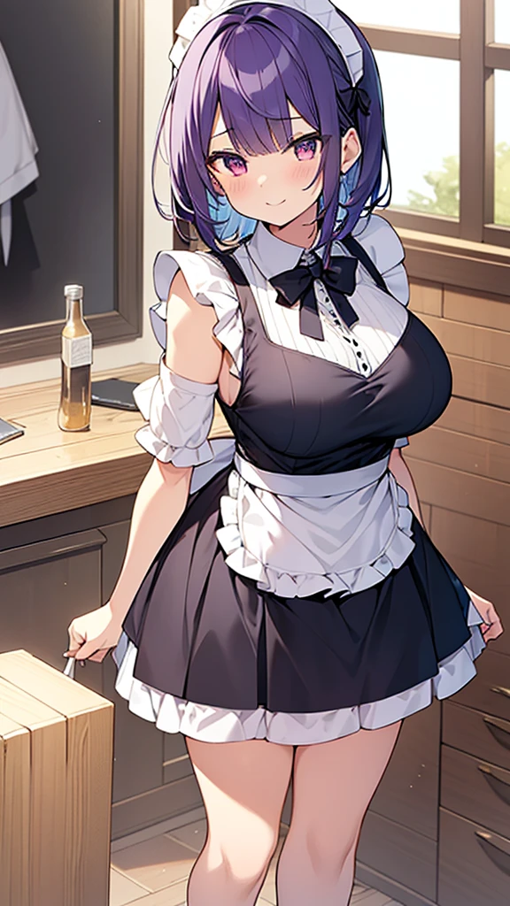 最high quality, high quality, Super detailed, 32k, Ultra-detailed details, Sister and maid, {{メイドのサキュバスは妹の顔になってる}}, (Standing, pretty girl, beautiful purple hair, short hair, Beautiful RED eyes, mature, Big Breasts, A light smile, Off-the-shoulder sleeveless Summer メイド服, Summer casual maid clothes, Short skirt, Blue and white color striped underwear, Black knee socks, loafers, She&#39;s holding up her skirt with both hands to show her underwear, 18-year-old,cute), A maid who moves her body vigorously without caring if her breasts bounce, Super detailed, indoor, Full body image, ((Head to Toe:1.3)), NSFW