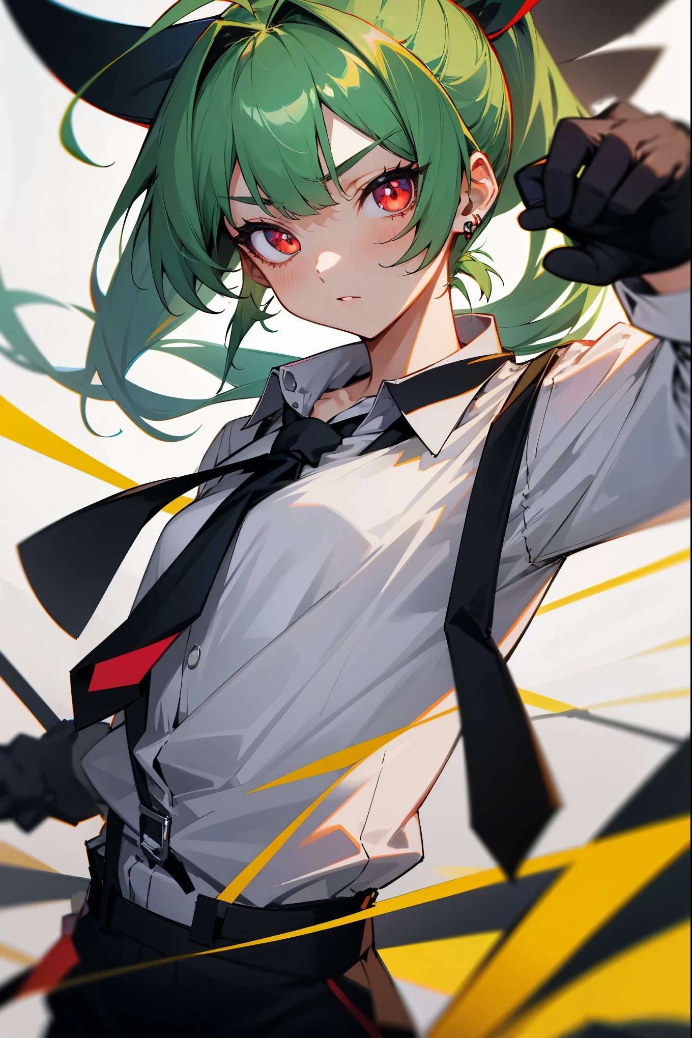 absurdres, best quality, 1girl, solo, eye focus, looking at viewer, rika, ahoge, ponytail, bright pupils, white pupils, grey collared shirt, necktie, suspenders, black pants, gloves, earrings, green hair, red eyes, bright pupils, collarbone