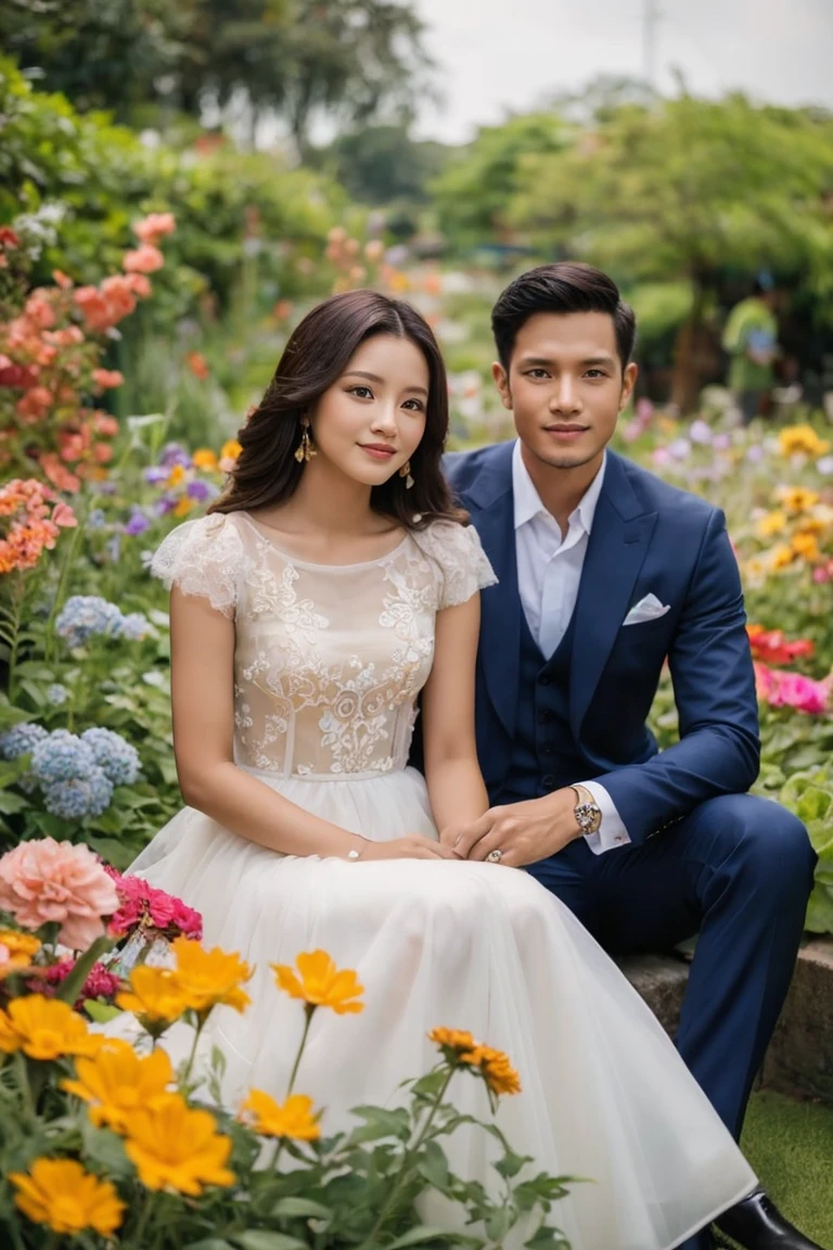 A photo of an Indonesian couple with a man and a woman with long hair, sitting in a beautiful flower garden surrounded by bright flowers and lush plants. The couple is dressed trendy, with the man wearing a trendy suit and the woman in a stylish dress, the expression facing the camera. The overall atmosphere of the image is warm and inviting, capturing the essence of love and fashion in perfect harmony., fashion, photo