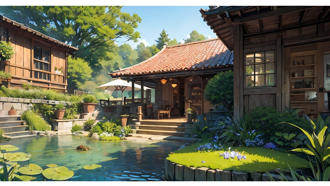 (Micro Landscape:1.5),(Highest quality), ((masterpiece)), (High resolution), figure, original, Highly detailed wallpaper, No humans, window, scenery, plant, water, potted plant, outdoors, building, door, Home, flower pot, Day, Lily Pad, Chair, flower, table, stage, watermark, Have, wood, Day光, Pool, Grass, indoors, reflection, lamp, balcony, Black Hat, Bush, null, handrail, machine, open window, shelf, leaf, Book, Web address, Copyright Name, ladder, architecture, Shadow, alone, Day付付き, ブドウのwood, flower瓶, city, Cafe, lanthanum, bucket, Remains, bench, shop, sign, Moss, boat, Barrel, river,