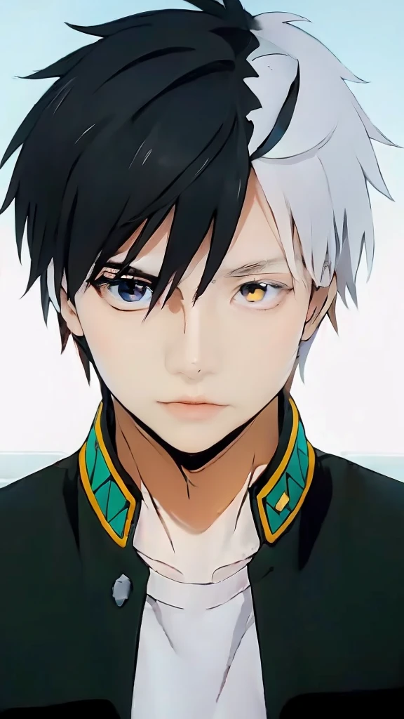 masterpiece, 1man, handsome, cosplay realistic、face realistic, realistic hair, black white hair, highest quality, 超High resolution, (reality: 1.4), movie lighting、Japanese、Korean、beautiful skin、body facing forward、close up of face、upper body close-up,(超reality的な)、(High resolution)、(8k)、(very detailed)、(美しくfine eyes)、(Super detailed)、 (wall-)、detailed face、bright lighting、professional lighting、looking at the viewer、look straight ahead、slanted bangs、black white light hair、20-year-old、masterpiece, highest quality, Super detailed, shape, sage_(DQ3),long ,