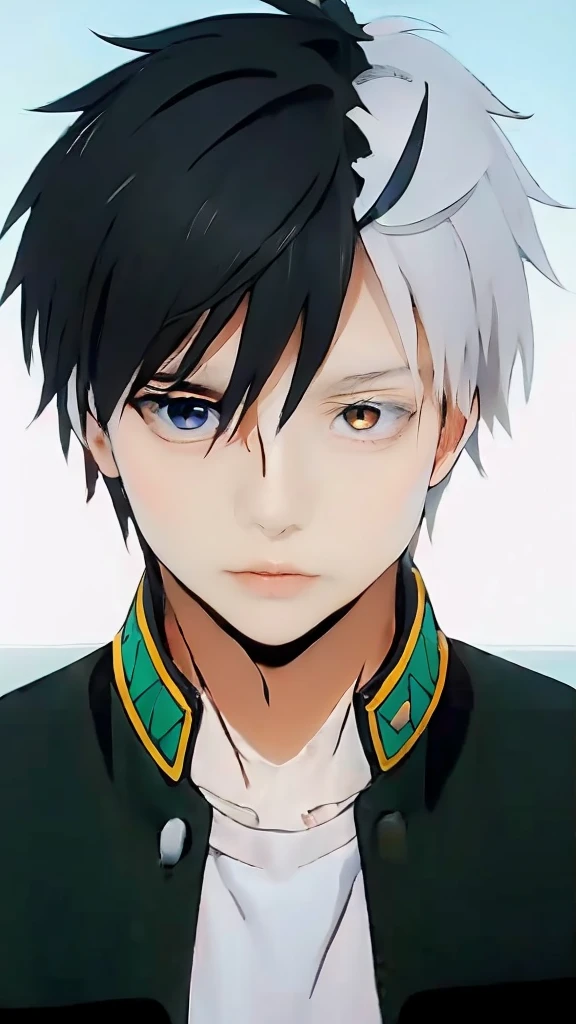 masterpiece, 1man, handsome, cosplay realistic、face realistic, realistic hair, black white hair, highest quality, 超High resolution, (reality: 1.4), movie lighting、Japanese、Korean、beautiful skin、body facing forward、close up of face、upper body close-up,(超reality的な)、(High resolution)、(8k)、(very detailed)、(美しくfine eyes)、(Super detailed)、 (wall-)、detailed face、bright lighting、professional lighting、looking at the viewer、look straight ahead、slanted bangs、black white light hair、20-year-old、masterpiece, highest quality, Super detailed, shape, sage_(DQ3),long ,