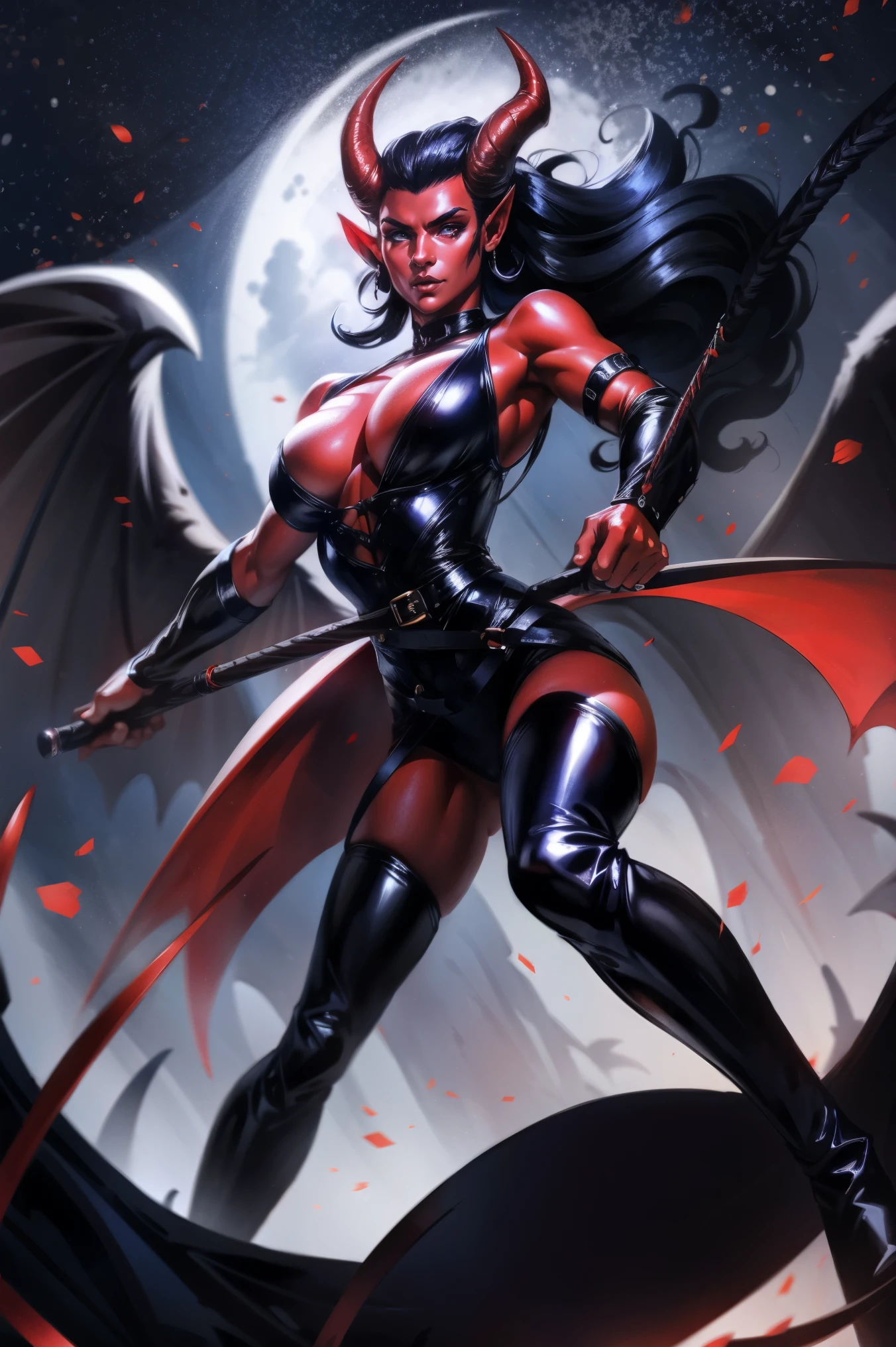 Red skin succubus tiefling, medium breasts, black horns, wings, huge tail, black leather, tall, toned, graceful, thin, long black ponytail. Action scene, whip. Dark scene, explosions, night sky.