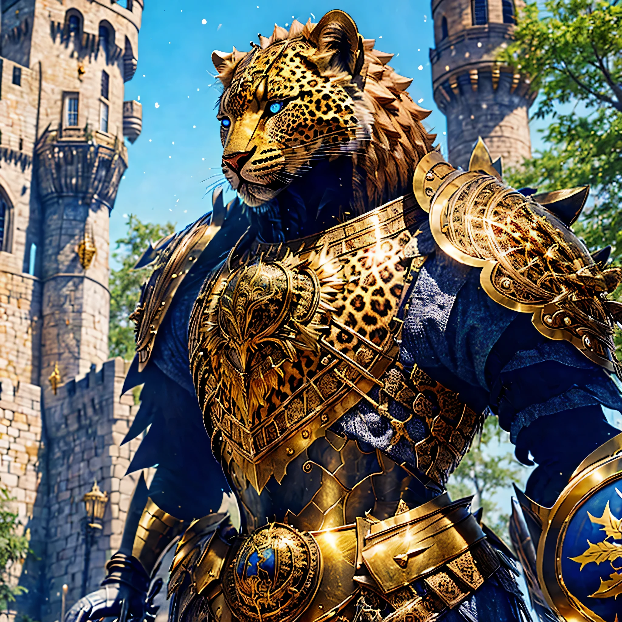 a life size leopard covered with intricate armour embeded in his skin to help defend in battle with a gold and silver shiny chain around his neck and a mask made of golden pieces molded into the armour with gold rivits placed about head, his eyes are blue, bright and piercing, the background is at the foot of a castle, garding its gates with his sword and shield, 8k glossy image