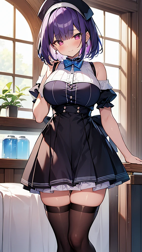 最high quality, high quality, Super detailed, 32k, Ultra-detailed details, Sister and maid, (only, Standing, pretty girl, beautiful purple hair, short hair, Beautiful RED eyes, mature, Big Breasts, A light smile, Off-the-shoulder sleeveless Summer メイド服, Summer casual maid clothes, Short skirt, Blue and white color striped underwear, Black knee socks, loafers, My crotch is wet with love juice, 18-year-old,cute), {{ターゲットの男の妹,The succubus infiltrates the mansion, peels the skin off her sister&#39;s face, replaces it with her own, and puts on a maid outfit with her sister&#39;s face, lifting her skirt to show her underwear., Mature body and sister&#39;s face}, She has transformed from a shy maid into a lewd one., A maid with her sister&#39;s face stuck on her face is vigorously pistoning her body, A maid who moves her body vigorously without caring if her breasts bounce, Super detailed, indoor, Full body image, ((Head to Toe:1.3)), NSFW