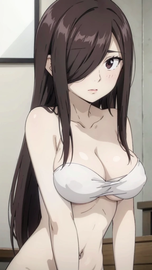 Cute mature women,realistic skin,realistic breast, saggy breast, nipple out,muted colours, cold lighting, pale white skin, mature women,black hair, long hair, (hair over one eye:1.4), Messy hair,straight hair,hair between eyes ,sleepy eyes ,beautiful,pucker lips,charm,pubic hair pussy,dense pubic hair, cute shy blush on