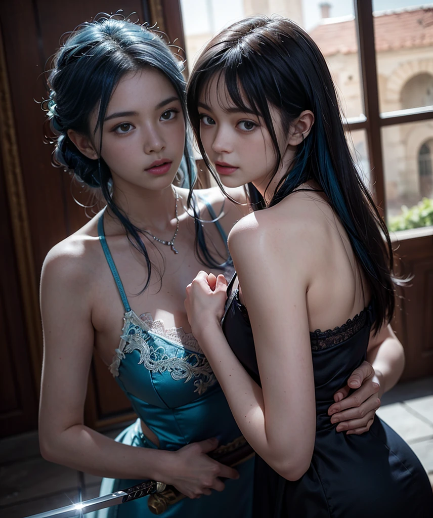 ultra detailed complex ((hyper realistic)) photo of a beautiful sensually dressed woman, beautiful soft studio light, rim light, vibrant details,luxurious, lace, hyper-realistic, blue hair, showing intimate parts with ultra realism medieval world, holding a sword