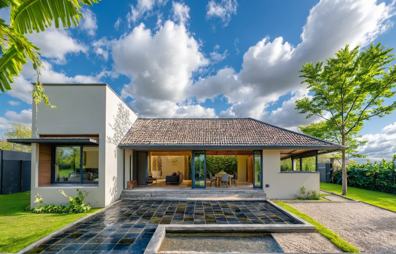 haute qualité, meilleure qualité, authentique, super détaillé, extérieur, style maison moderne d'une maison de campagne, maison située au pied de la colline, avec un ruisseau gargouillant, gravier, maison avec murs en revêtement en fausse pierre. fenêtres en verre, porte d'entrée, cour pavée, parterres de fleurs, arbres, ciel bleu, nuages, (date : 1er janvier), éclairage réaliste, jardin vietnamien