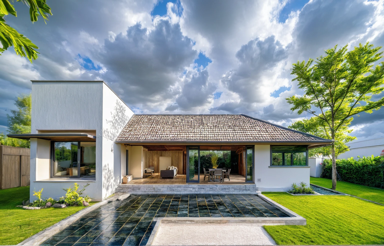 haute qualité, meilleure qualité, authentique, super détaillé, extérieur, style maison moderne d'une maison de campagne, maison située au pied de la colline, avec un ruisseau gargouillant, gravier, maison avec murs en revêtement en fausse pierre. fenêtres en verre, porte d'entrée, cour pavée, parterres de fleurs, arbres, ciel bleu, nuages, (date : 1er janvier), éclairage réaliste, jardin vietnamien