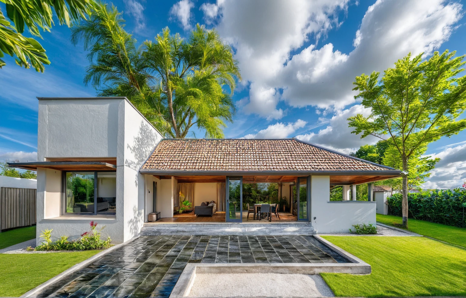 haute qualité, meilleure qualité, authentique, super détaillé, extérieur, style maison moderne d'une maison de campagne, maison située au pied de la colline, avec un ruisseau gargouillant, gravier, maison avec murs en revêtement en fausse pierre. fenêtres en verre, porte d'entrée, cour pavée, parterres de fleurs, arbres, ciel bleu, nuages, (date : 1er janvier), éclairage réaliste, jardin vietnamien