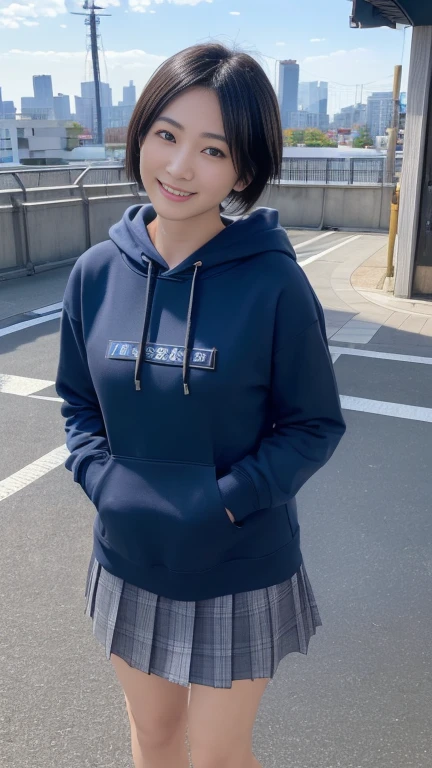 (masterpiece:1.3), (8K, Photorealistic, RAW Photos, Best image quality: 1.4),20 year old cute Japan woman、(short hair)、(ponytail)、(Perfect body)、(Perfect proportions)、Super detailed face、double eyelid、Sharp focus:1.2、Jet Black Hair、Straight Hair､Highest quality、masterpiece、Ultra-high resolution、(Photorealistic:1.4)、(hoodie)、(Flared mini skirt)、whole body, Long legs、Highly detailed face, Beautiful Eyes, double eyelid､Are standing､sunny、Bend over and peer at me、smile、Tokyo cityscape、Outdoor、blue sky
