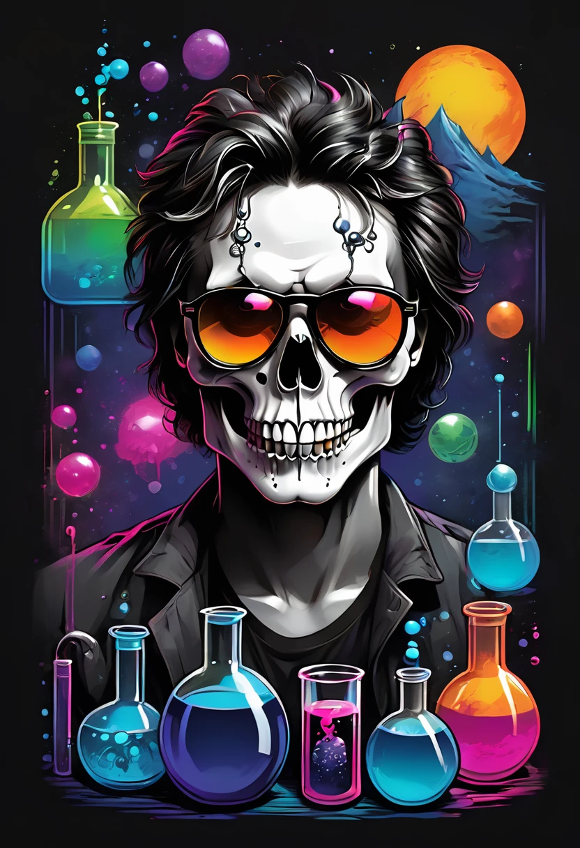 Design a t-shirt featuring a fantasy skullart illustration of a  scientist scary skull with curley hair, sunglasses, colorful glowing chemical laboratory glassware, Combine a detailed black and white drawing with vibrant, colorful digital fantasy style chemical elements. Draw inspiration from the intricate and dynamic styles of Dan Mumford, junko mizuno, and Frank Frazetta.negative space