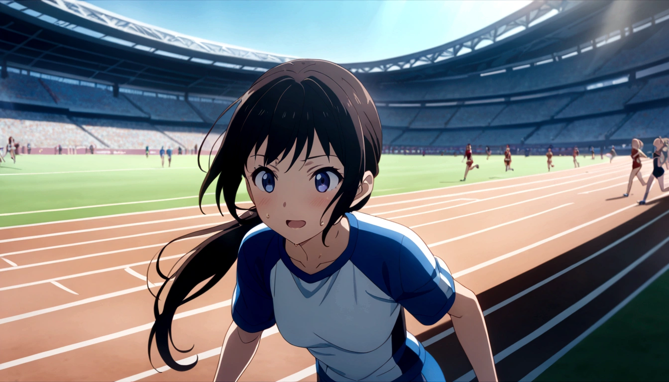 score 9, source anime, wide shot, multiple girls, Female track and field athletes compete in the 400-meter run in a stadium packed with spectators, dynamic angle, perfect face, playful expression, low ponytail, sweat, outdoor, blue sky, shiny day, dramatic lighting, cinematic, best quality, 8k, masterpiece, ultra-detailed,