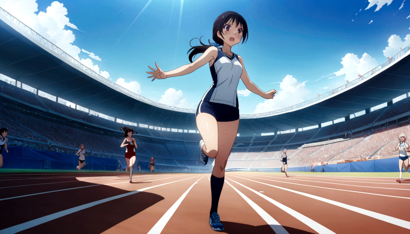 score 9, source anime, wide shot, multiple girls, Female track and field athletes compete in the 400-meter run in a stadium packed with spectators, dynamic angle, perfect face, playful expression, low ponytail, sweat, outdoor, blue sky, shiny day, dramatic lighting, cinematic, best quality, 8k, masterpiece, ultra-detailed,