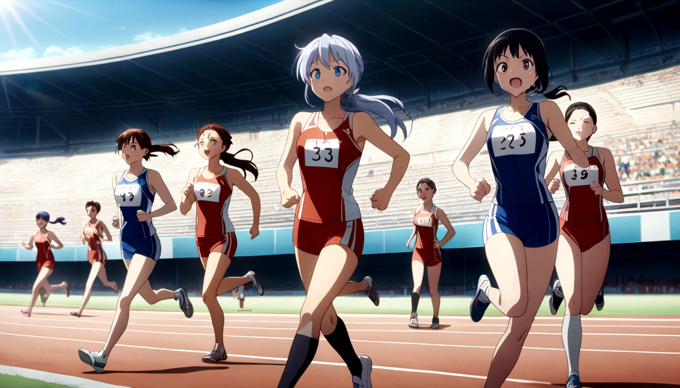 score 9, source anime, wide shot, multiple girls, Female track and field athletes compete in the 400-meter run in a stadium packed with spectators, dynamic angle, perfect face, playful expression, low ponytail, sweat, outdoor, blue sky, shiny day, dramatic lighting, cinematic, best quality, 8k, masterpiece, ultra-detailed,
