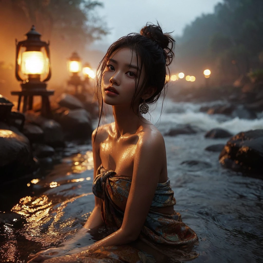 night, drizzling, Backlight, Naturally beautiful Indonesian Javanese girl, 18 years old, Detailed face, shiny skin, Tie slightly knotted hair into a bun, Bathing by the river in short batik faded sarong, satisfy expression, Show cleavage ((( Large Breasts))) dark atmosphere, Only 1 traditional lantern, clear river flows through, Natural Rocks. surreal photos. Photos taken with Fujifilm XF 56mm f/1.2R lens. 35 mm, high detail, Wallpaper quality, Good anatomy, correct body, Correct hand shape & Correct finger anatomy