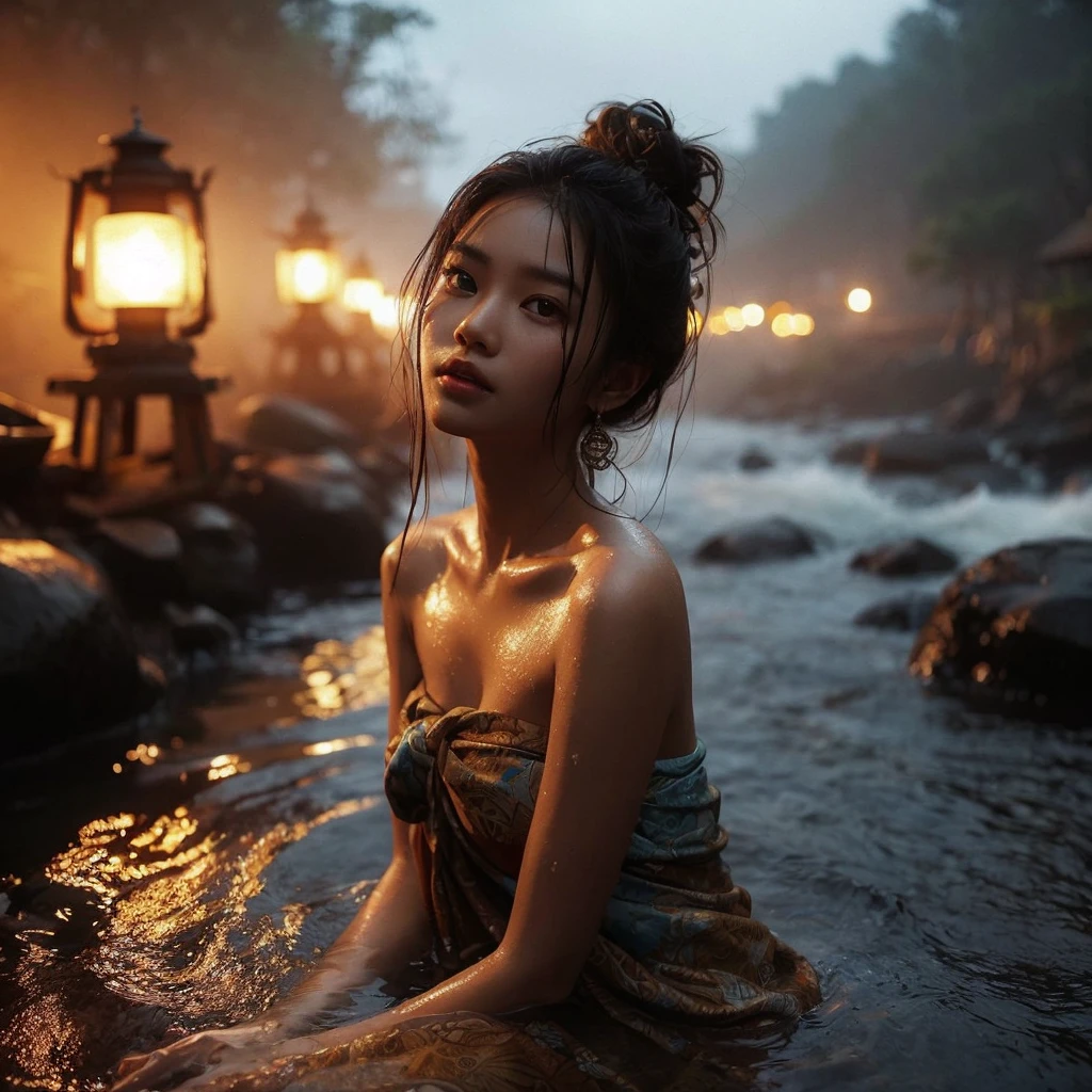 night, drizzling, Backlight, Naturally beautiful Indonesian Javanese girl, 18 years old, Detailed face, shiny skin, Tie slightly knotted hair into a bun, Bathing by the river in short batik faded sarong, satisfy expression, Show cleavage ((( Large Breasts))) dark atmosphere, Only 1 traditional lantern, clear river flows through, Natural Rocks. surreal photos. Photos taken with Fujifilm XF 56mm f/1.2R lens. 35 mm, high detail, Wallpaper quality, Good anatomy, correct body, Correct hand shape & Correct finger anatomy