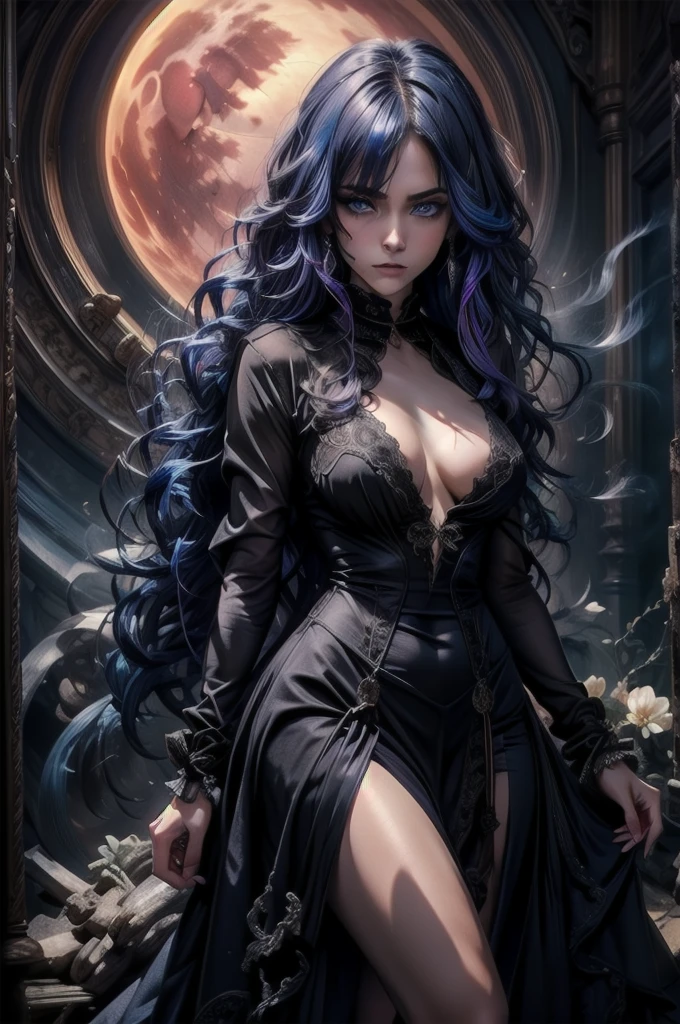 Long Hairのbeautifulアニメ風の美女, (((Purple-blue hair)))Long Hair,(((Highest quality)))Transparent Hair,Face of Sadness,(((blue eyes)))A beautiful woman filled with sorrow,(((Perfect figure)))Big Breasts,(((Radical black and grey dress))),(((Radical Clergy)))Chaotic clothes,Rosary(((beautiful)))Pale skin,(((Glossy feel)))Full Body Shot,Crow,(((background)))dead tree,fog,Red Moon,Mysterious flower,Graveyard of Darkness。