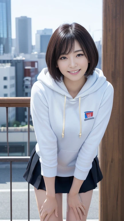 (masterpiece:1.3), (8K, Photorealistic, RAW Photos, Best image quality: 1.4),20 year old cute Japan woman、(short hair)、(Perfect body)、(Perfect proportions)、Super detailed face、double eyelid、Sharp focus:1.2、Jet Black Hair、Straight Hair、Highest quality、masterpiece、Ultra-high resolution、(Photorealistic:1.4)、(hoodie)、(Flared mini skirt)、whole body, Long legs、Highly detailed face, Beautiful Eyes, double eyelid、Are standing、sunny、Bend over and peer at me、smile、Tokyo cityscape、Outdoor、blue sky