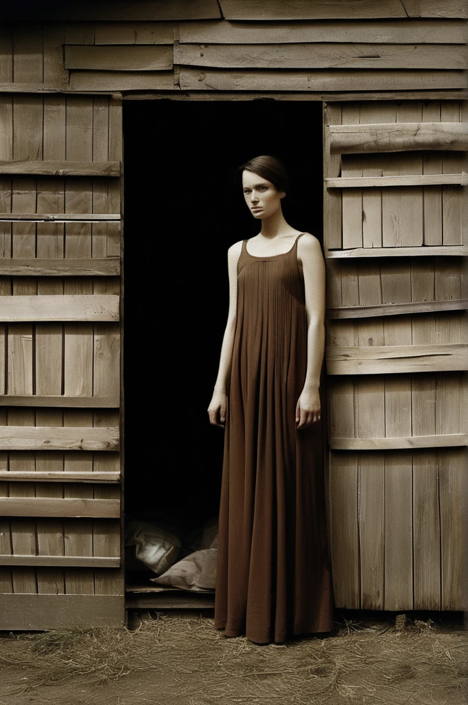Nadav Kander Style - a model girl leaning against a rustic barn wall, in the style of elke vogelsang, hans memling, clifford coffin, symmetrical, 1970s, wavy, captivating documentary photos