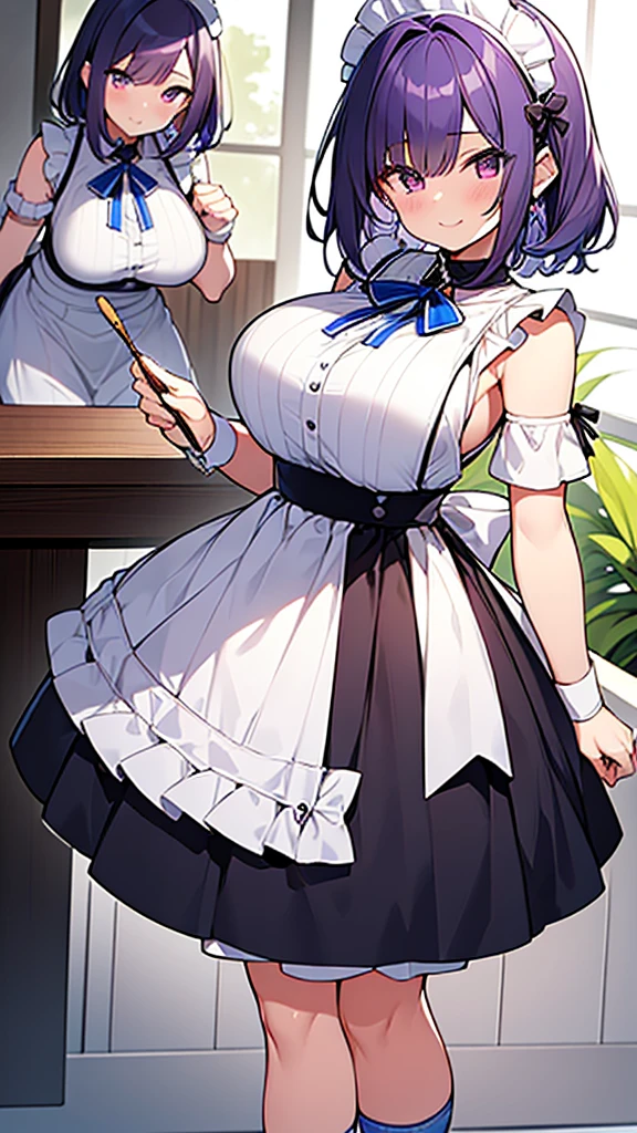 最high quality, high quality, Super detailed, 32k, Ultra-detailed details, Sister and maid, {{メイドのサキュバスは妹の顔になってる}}, (Standing, pretty girl, beautiful purple hair, short hair, Beautiful RED eyes, mature, Big Breasts, A light smile, Off-the-shoulder sleeveless Summer メイド服, Summer casual maid clothes, Short skirt, Blue and white color striped underwear, Black knee socks, loafers, She's holding up her skirt with both hands to show her underwear, 18-year-old,cute), A maid who moves her body vigorously without caring if her breasts bounce, Super detailed, indoor, Full body image, ((Head to Toe:1.3)), NSFW