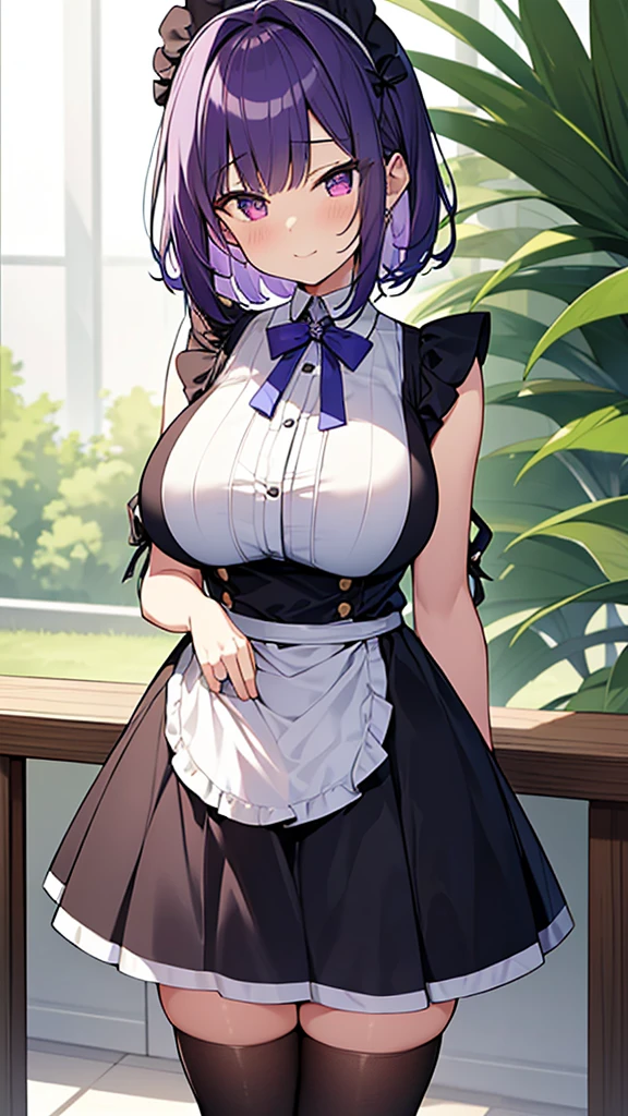 最high quality, high quality, Super detailed, 32k, Ultra-detailed details, Sister and maid, {{メイドのサキュバスは妹の顔になってる}}, (Standing, pretty girl, beautiful purple hair, short hair, Beautiful RED eyes, mature, Big Breasts, A light smile, Off-the-shoulder sleeveless Summer メイド服, Summer casual maid clothes, Short skirt, Blue and white color striped underwear, Black knee socks, loafers, She's holding up her skirt with both hands to show her underwear, 18-year-old,cute), A maid who moves her body vigorously without caring if her breasts bounce, Super detailed, indoor, Full body image, ((Head to Toe:1.3)), NSFW