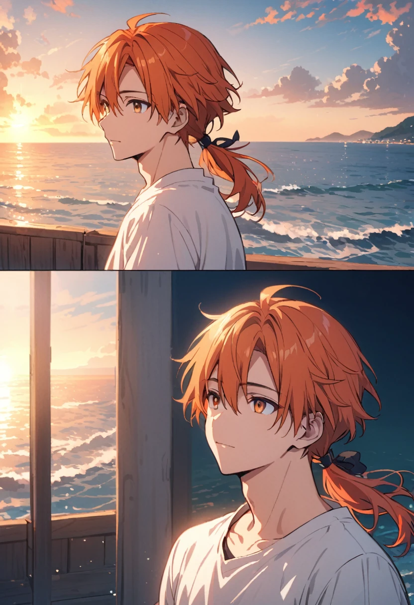 good looking, alone, 1 male, Medium Hair, Low Ponytail, Bright orange hair, Hazel Eyes, White shirt、Beautiful views、Ocean、friendly