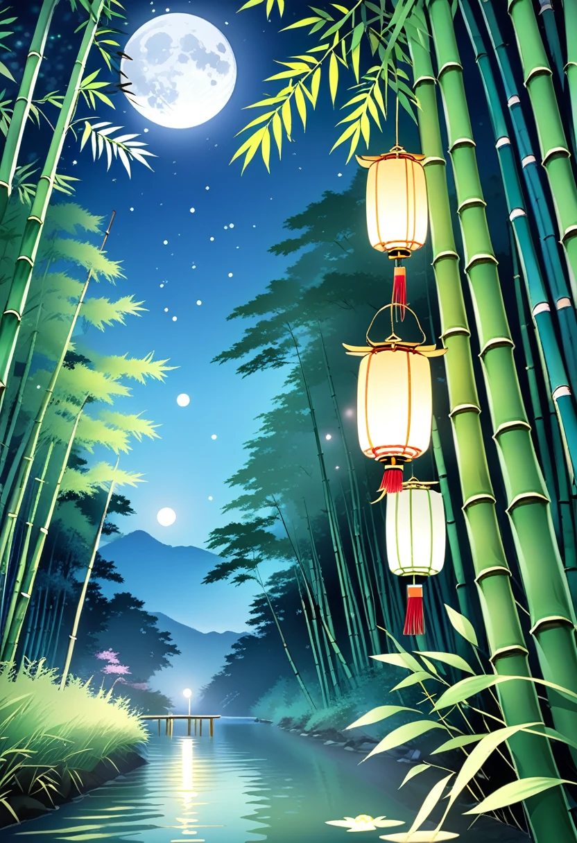 "Tanabata Night、Under the shining starry sky、Bamboos decorated with many strips of paper are swaying along the bank of a stream surrounded by bamboo forest.。Colorful wishes are written on the strips of paper.、The sound of bamboo rustling in the wind brightens up the quiet night。A small lantern floats on the river、A faint light reflects on the water。In the background、Distant Mountain々And the full moon appeared、It creates a romantic atmosphere。"