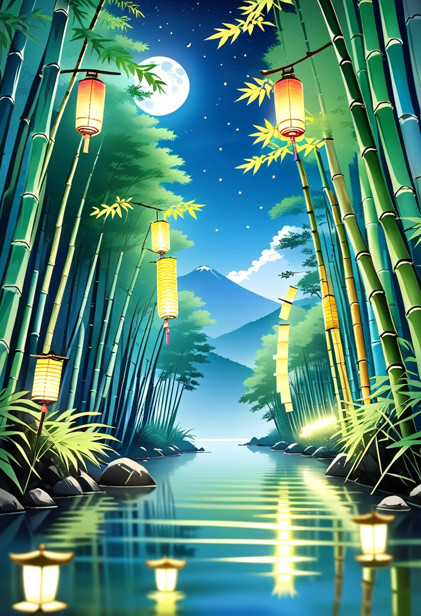 "Tanabata Night、Under the shining starry sky、Bamboos decorated with many strips of paper are swaying along the bank of a stream surrounded by bamboo forest.。Colorful wishes are written on the strips of paper.、The sound of bamboo rustling in the wind brightens up the quiet night。A small lantern floats on the river、A faint light reflects on the water。In the background、Distant Mountain々And the full moon appeared、It creates a romantic atmosphere。"