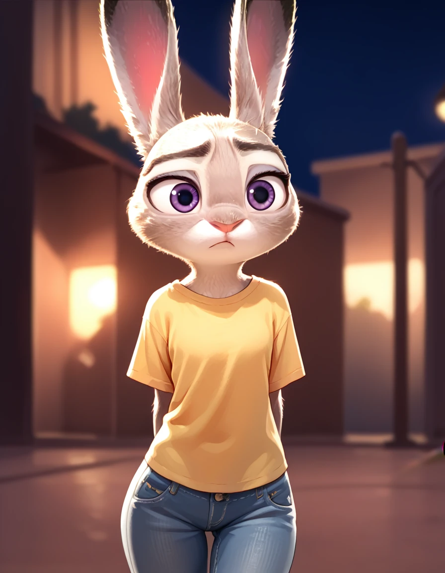 score_9, score_8_up, score_7_up, score_6_up, source_furry, judyhopps confused, dark, night, backlighting, solo, Yellow Shirt , jeans, arms at sides, front view, portrait 