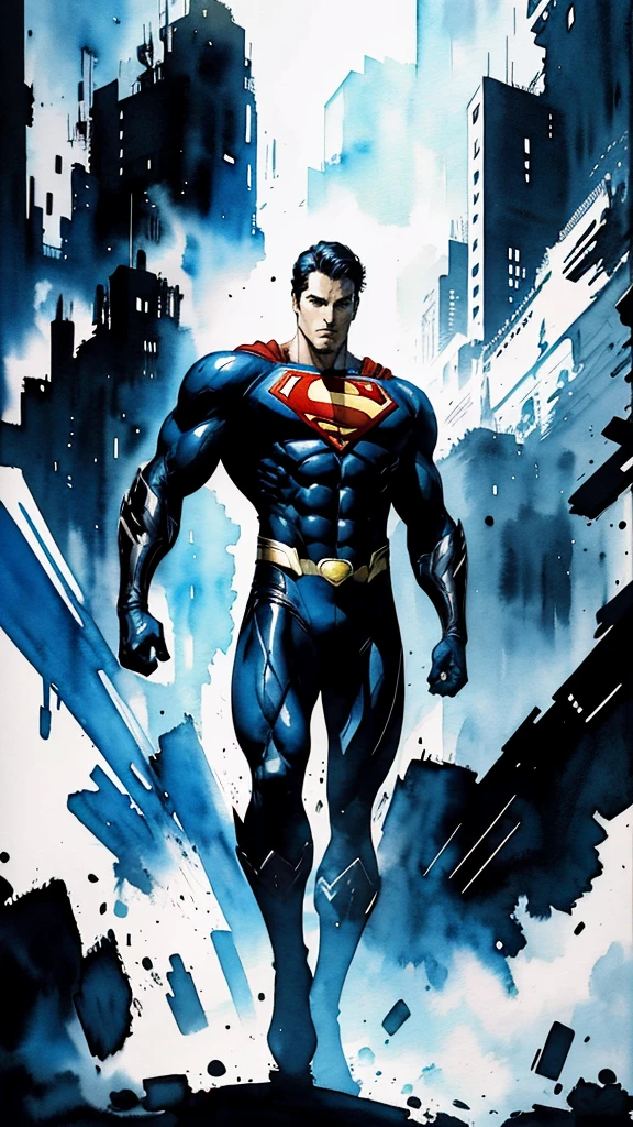 Superman, closed mouth, looking at viewer, full body covered in black suit from syndercut, standing pose, powerful aura, from below, fantasy, high contrast, ink strokes, explosions, over exposure, impression , abstract, ((watercolor painting by John Berkey and Jeremy Mann)), brush strokes, negative space, good anatomy, good proportions, good architecture, realistic:1.25, cantered, high detail, high resolution, 8k, stunning, mascular body, Style-Hamunaptra:0.4,