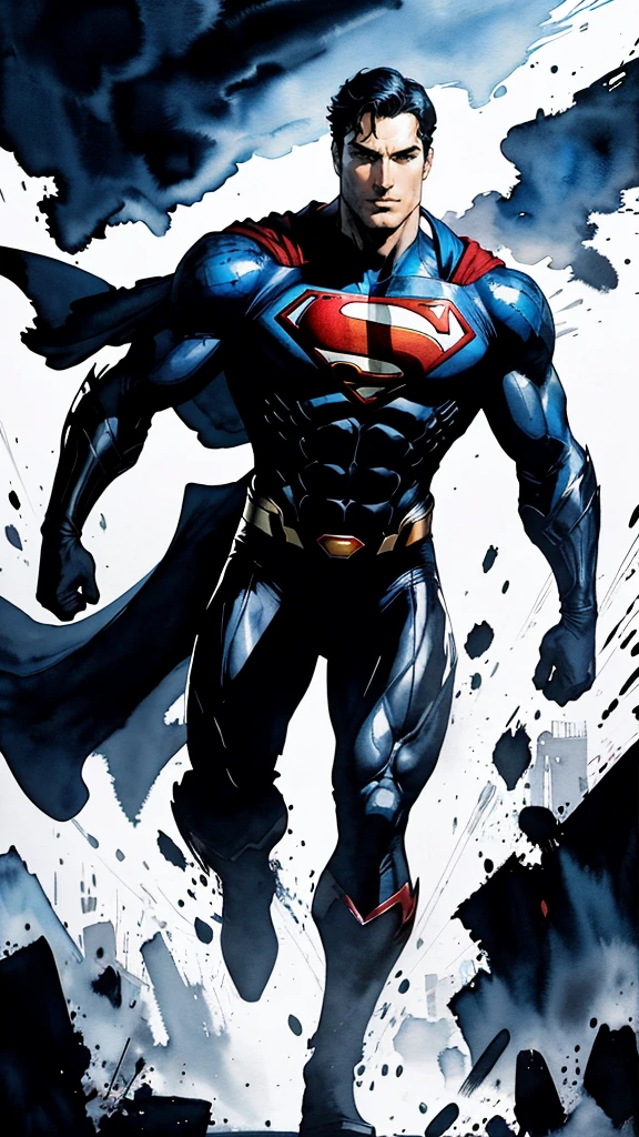 Superman, closed mouth, looking at viewer, full body covered in black suit from syndercut, standing pose, powerful aura, from below, fantasy, high contrast, ink strokes, explosions, over exposure, impression , abstract, ((watercolor painting by John Berkey and Jeremy Mann)), brush strokes, negative space, good anatomy, good proportions, good architecture, realistic:1.25, cantered, high detail, high resolution, 8k, stunning, mascular body, Style-Hamunaptra:0.4,