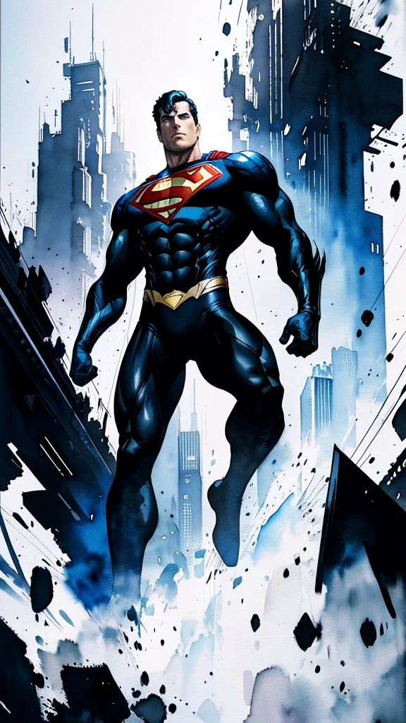 Superman, closed mouth, looking at viewer, full body covered in black suit from syndercut, standing pose, powerful aura, from below, fantasy, high contrast, ink strokes, explosions, over exposure, impression , abstract, ((watercolor painting by John Berkey and Jeremy Mann)), brush strokes, negative space, good anatomy, good proportions, good architecture, realistic:1.25, cantered, high detail, high resolution, 8k, stunning, mascular body, Style-Hamunaptra:0.4,