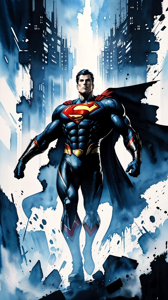 Superman, closed mouth, looking at viewer, full body covered in black suit from syndercut, standing pose, powerful aura, from below, fantasy, high contrast, ink strokes, explosions, over exposure, impression , abstract, ((watercolor painting by John Berkey and Jeremy Mann)), brush strokes, negative space, good anatomy, good proportions, good architecture, realistic:1.25, cantered, high detail, high resolution, 8k, stunning, mascular body, Style-Hamunaptra:0.4,