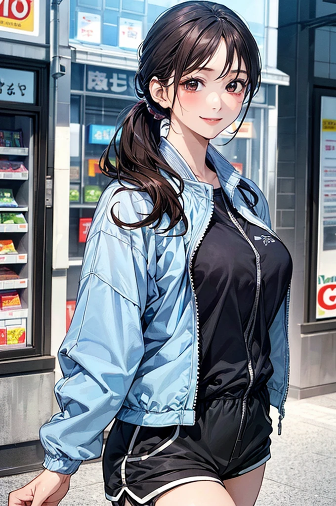 ((Perfect Anatomy, Very detailed肌)), 1 Girl, Japanese, , Shiny skin, Take in the view, 
Beautiful Hair, Beautiful Face, Beautiful attention to detail, (Long Hair:1.4、ponytail), (Baby Face), asts:0.5, Captivating arms, Captivating thighs, 
((Long sleeve windbreaker、Shorts)), 
(smile), running,  
(Beautiful views), convenience store, 
(8K, Highest quality, Masterpiece​:1.2, Very detailed), (Realistic), Beautiful illustrations, Cinema Lighting,