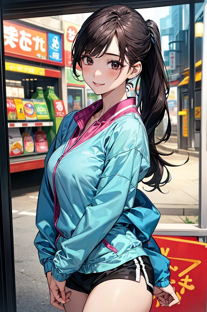 ((Perfect Anatomy, Very detailed肌)), 1 Girl, Japanese, , Shiny skin, Take in the view, 
Beautiful Hair, Beautiful Face, Beautiful attention to detail, (Long Hair:1.4、ponytail), (Baby Face), asts:0.5, Captivating arms, Captivating thighs, 
((Long sleeve windbreaker、Shorts)), 
(smile), running,  
(Beautiful views), convenience store, 
(8K, Highest quality, Masterpiece​:1.2, Very detailed), (Realistic), Beautiful illustrations, Cinema Lighting,