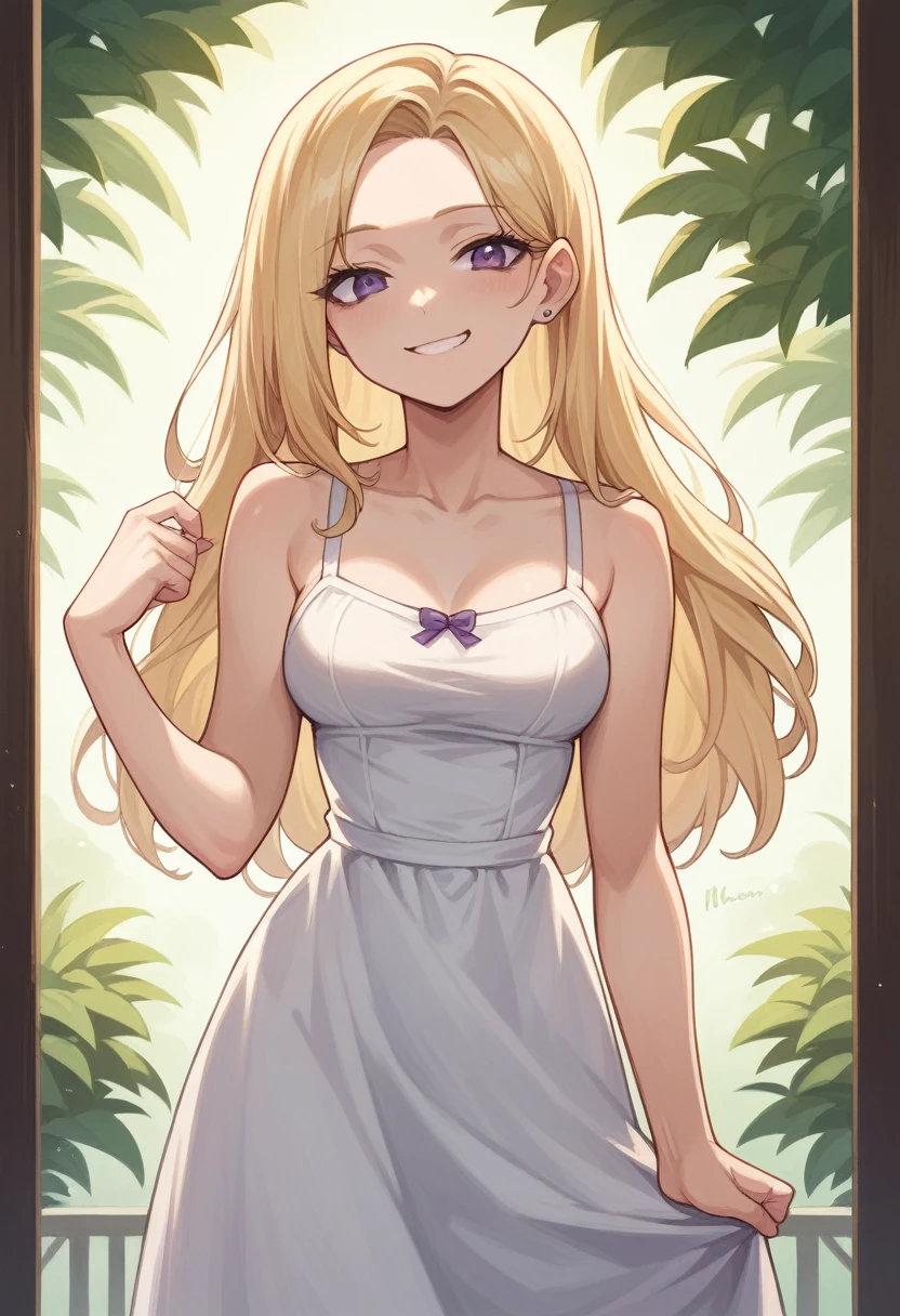 best quality, masterpiece, super high resolution, perfect anatomy, 1girl, blonde hair, long hair, hair_behind_ear, parted_bangs, purple eyes, medium breasts, age, b:86cm, W:55cm, H:83cm, absurdes, sundress, smug