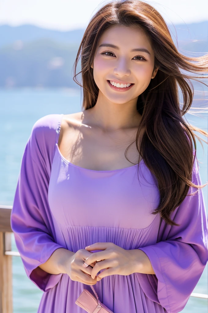 Image resolution 8K、masterpiece:1.3)、Beauty、1 female、(魅力的なBody Type:1.2)、abdomen:1.1、Dark brown hairstyle:1.1、(Body Type:1.2)、Ultra-detailed face、Attractive lips、double eyelid、Wearing a purple one-piece dress、Super realistic and super cute in every detail、Japanese、Japanese女性、20th generation(28 years old)、Smile with a beautiful smile、Hair blowing in the wind、color々Hair style、