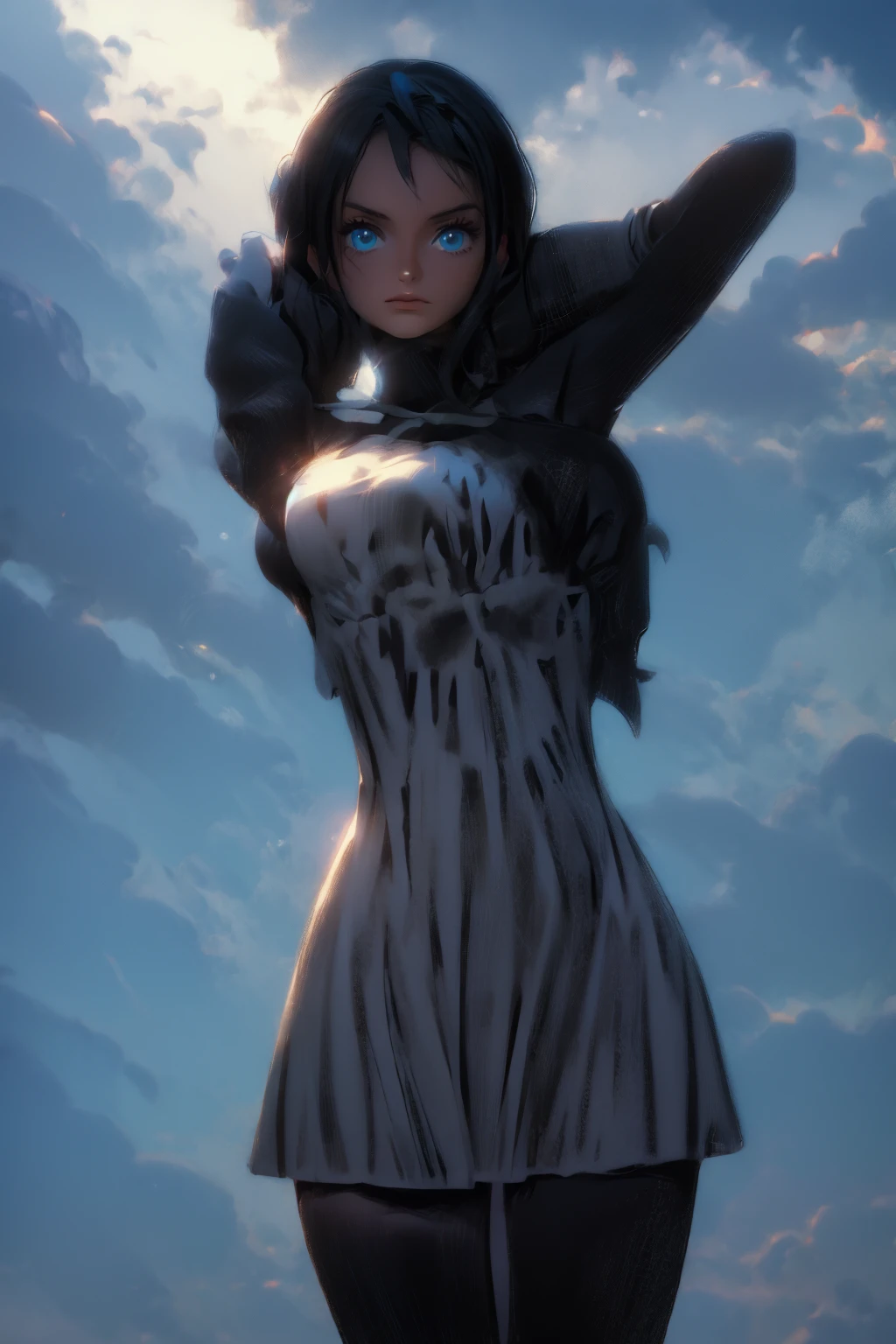 1girl, solo, boots, eyewear on head, black hair, dress, high heels, sunglasses, short dress, long hair, looking back, breasts, ponytail, nico robin, legs，medium_breasts，sideboob