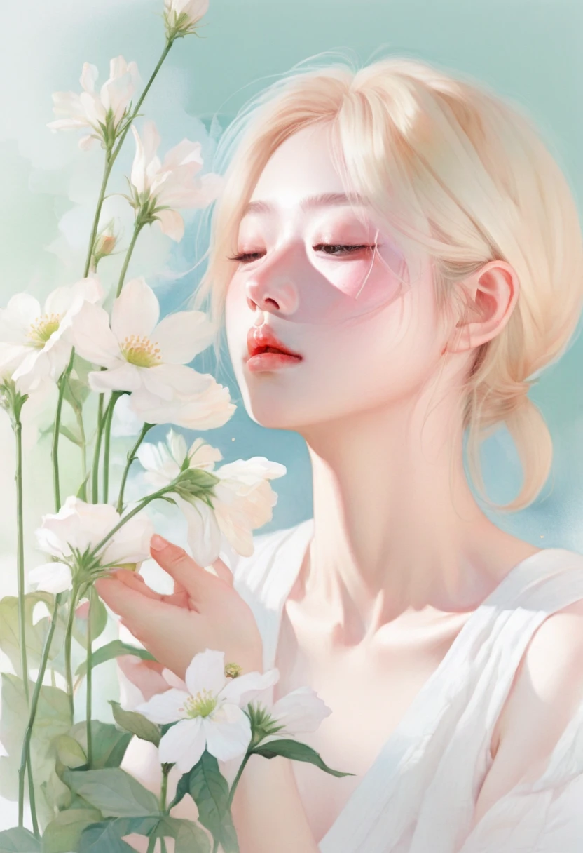 (mist:1.5)，Soft space，Soft tones，dream，Hazy and mysterious，大量mist和白色小花覆盖，Soft tones，Light style，Comfortable and calm，nature，Warm and cosy，Modern illustration elements。Tranquility、Pure atmosphere，blond woman with white flowers covering her face and eyes, inspired by Hsiao-Ron Cheng, inspired by Yanjun Cheng, by Ayami Kojima, by Hsiao-Ron Cheng, by Yanjun Cheng, Guweiz, artwork in the style of Guweiz, by Eizan It&#39;s a gift, cake, james jean and wlop