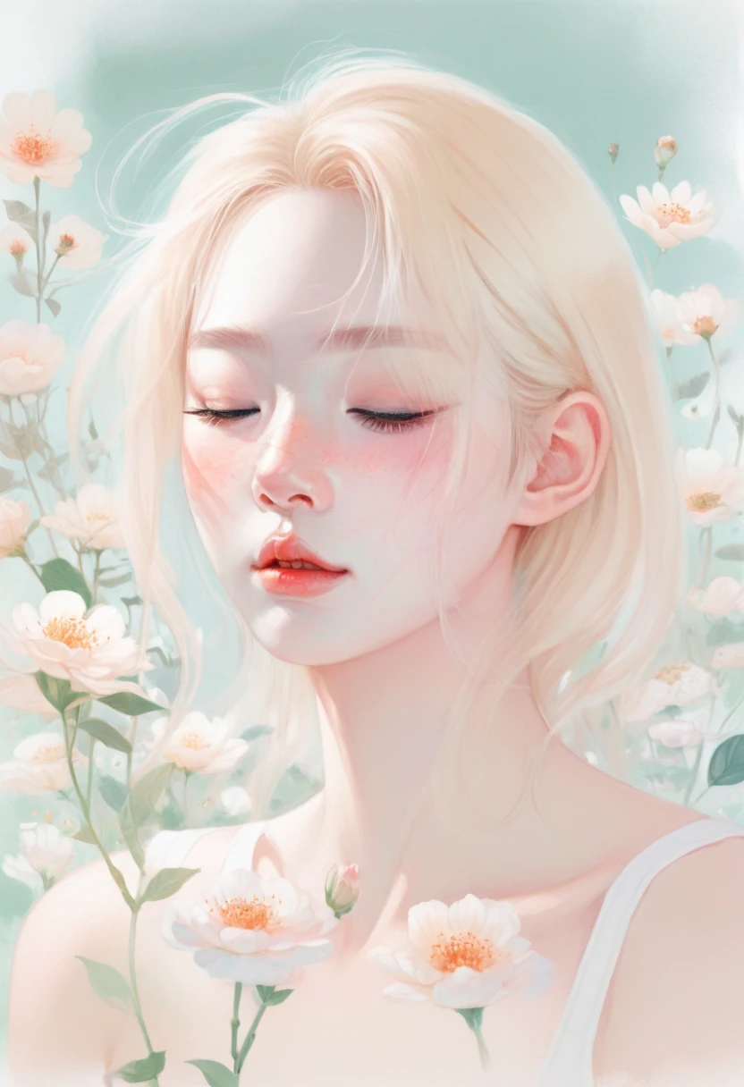 (mist:1.5),Soft space,Soft tones,dream,Hazy and mysterious,大量mist和白色小花覆盖,Soft tones,Light style,Comfortable and calm,nature,Warm and cosy,Modern illustration elements。Tranquility、Pure atmosphere,blond woman with white flowers covering her face and eyes, inspired by Hsiao-Ron Cheng, inspired by Yanjun Cheng, by Ayami Kojima, by Hsiao-Ron Cheng, by Yanjun Cheng, Guweiz, artwork in the style of Guweiz, by Eizan It's a gift, cake, james jean and wlop