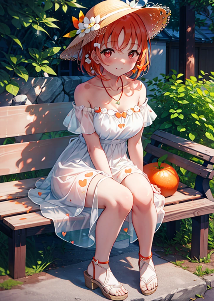 chika　takami,Orange Hair,Red eyes,smile,blush,Big straw hat,Orange off-shoulder dress,Bare shoulders,bare clavicle,Bare neck,Short sleeve,Heart-shaped necklace,Long skirt,Cute heeled sandals,Sitting on a bench,,Daytime,Clear skies,whole bodyがイラストに入るように break outdoors, Building district, break looking at viewer, whole body, break (masterpiece:1.2), Highest quality, High resolution, unity 8k wallpaper, (figure:0.8), (Beautiful attention to detail:1.6), Highly detailed face, Perfect lighting, Highly detailed CG, (Perfect hands, Perfect Anatomy),