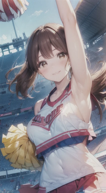 ((Realistic lighting, Highest quality, 8K, masterpiece: 1.3)), Clear focus: 1.2, One girl, Perfect figure: 1.4,(Cheerleader:1.3),(Outdoor:1.5),(Look at armpits:1.5),(Stadium:1.1),(Cheer Dance:1.3)  , Big Breasts, ((Dark brown hair)), Super detailed face, Beautiful Eyes, double eyelid,Smile