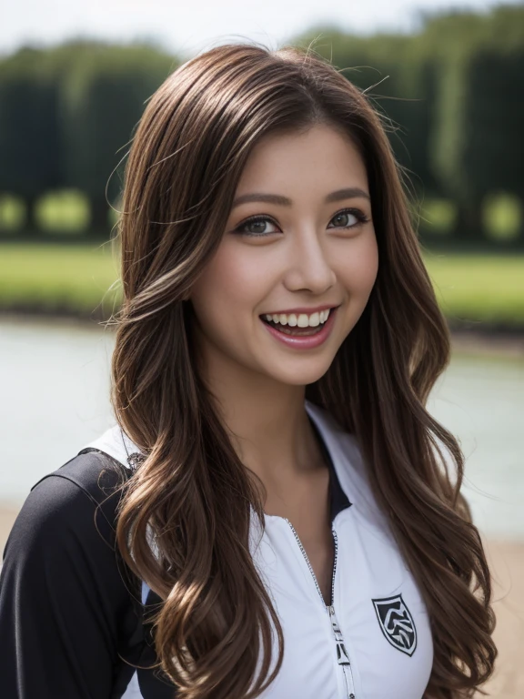 Highest quality, masterpiece, 8K, Ultra-high resolution, (Realistic:1.4), 1 Girl、Beautiful expression、Symmetrical eyes、Small breasts、Perfect Body Proportions、Training wear、Play sports often、Unbutton the chest、Laughter、Looking at the audience、Outdoor、River bank、Long legs(1.3)、Dark brown long hair、smile、