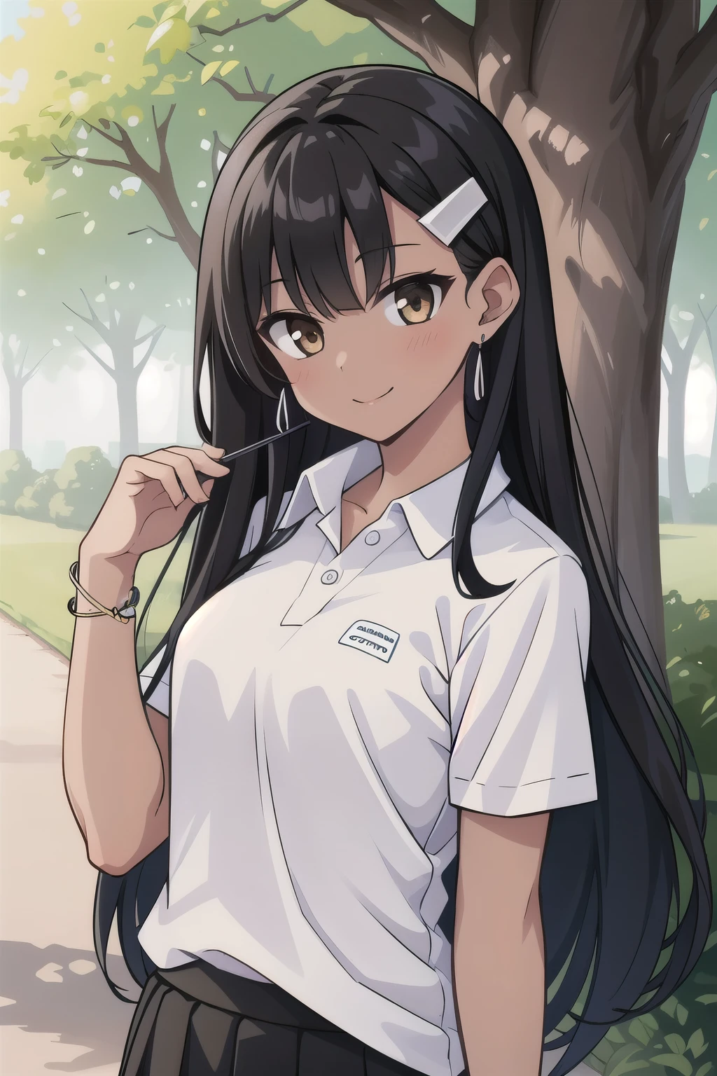 ((best quality)), ((masterpiece)), (details), one girl, sexy ((best quality)), ((masterpiece)), (details), one girl, sexy ((best quality)), ((masterpiece)), (details), one girl, full body,it's_nagatoro_main, Nagatoro Hayase, one girl, blushing, one person, uniform white polo shirt, black hair, brown eyes, hair accessory, looking at viewer, hair clip, smiling, long hair, dark skinned woman, dark skin, , bangs, daytime, skirt, collared shirt, collarbone, ear clip, mouth closed, tree, asymmetrical bangs, upper body