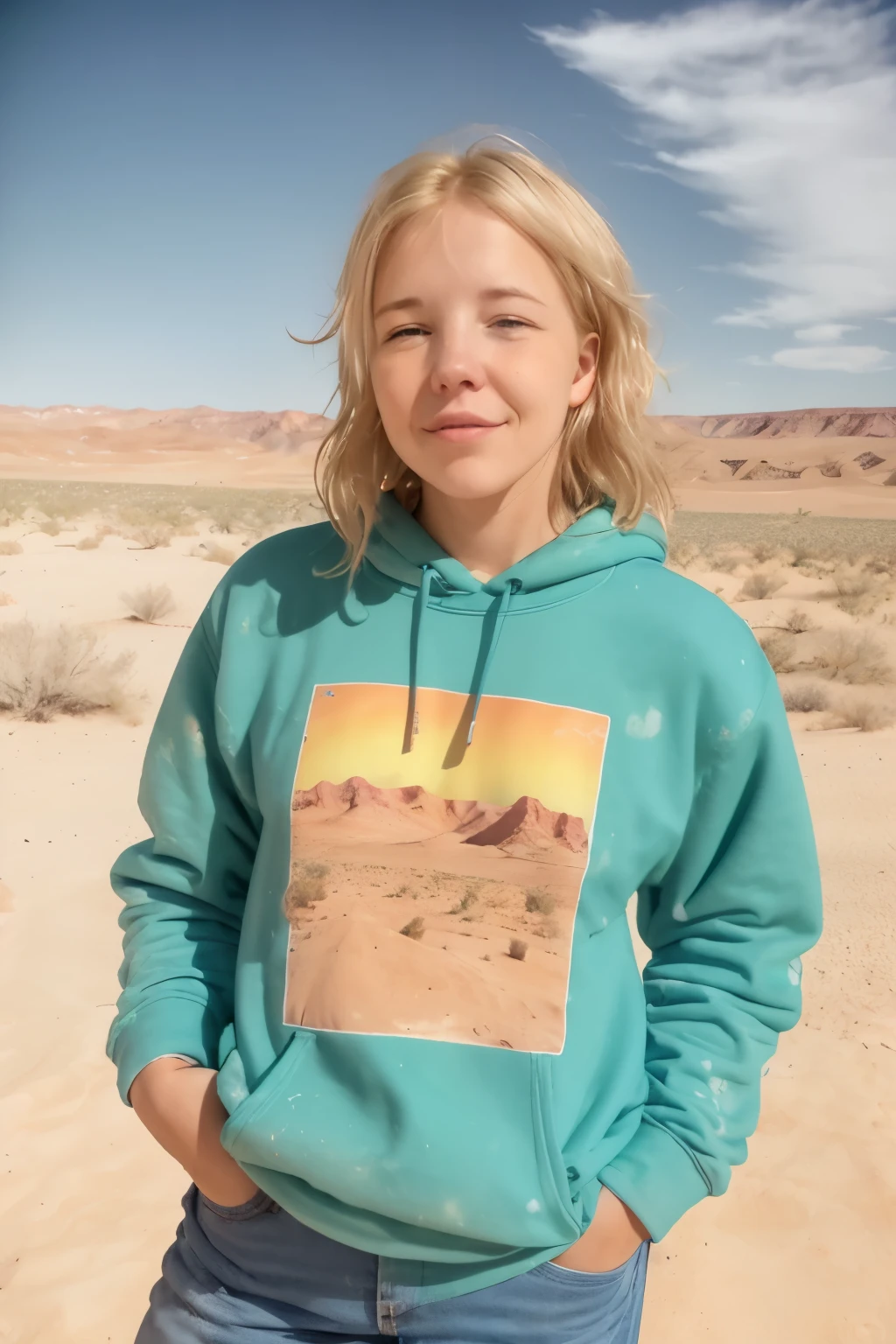 Beautiful American college student, wearing sweatshirt, (standing at the New Mexico deserts), gazing at viewer, Festival Holi Color, portraite, Hyper detailed POV, por Lee Jeffries, Nikon D850, film stock photography ,4 Kodak Portra 400 ,f1 camera.6 lenses ,rich colors ,hyperrealisti ,realistic texture, dramatic lighting , Cinemastill 800,