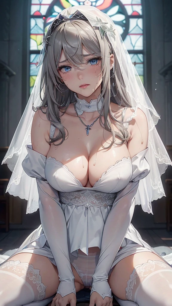 (masterpiece: 1.3), (Maximum resolution: 1.2), (Ultra High Definition TV: 1.2), Cinematic Light, 8K resolution, Detailed facial features , (Sharp focus: 1.2）, (Focus on the face:1.2),Perfect Style, Beautiful Face, Acura, Anatomically correct, Highly detailed face and skin texture, Beautiful Eyes,Beautiful Eyes, Thin eyebrows,  Natural Cheeks, Glowing Skin, Fair skin: 1.2, (Glossy Lips: 1.4),、 (Embarrassed look: 1.2),Highly detailed face and skin texture, Natural Cheeks, , Glossy Lips: 1.4,Perfect Style、Cleavage、Soft Breasts、（Semen on chest:1.4）（Cum on thighs 1.2）、 Overflowing sperm、Dripping Semen、Drenched in sweat、Wet clothes、blush、A humiliating look、Anxious expression、Frightened expression、Embarrassed look、Glare、anger、sorrow、tears、Open your knees、Spread your legs、 White underwear、necklace、Disheveled clothes、White panties、sweating、Thin underwear、stockings、22 years old、 clear, A clean-cut woman,1 person、 Upward-facing chest, church、Stained glass、、blonde、Black brown hair、Silver Hair、Greenish-gray eyes,blue eyes、(Wedding dress:1.1)、Veil、Shortcuts、Torn clothing、Glare、grim stare、Fellatio gestures、