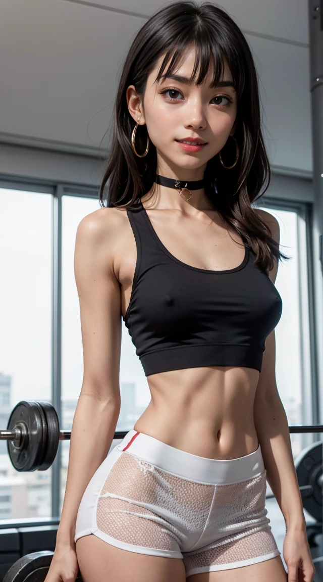 thick thighs,
(asian female), (big smile), blunt bangs, long hair, (adult),
earrings, lipstick, eyeshadow,
(hard nipples:0.9), small breasts,
tanktop, midriff, gym shorts, choker,
looking at viewer, three quarter view, upper body view,
fancy gym, rim lighting, two tone lighting, dim lighting, bokeh, detailed skin, detailed eyes