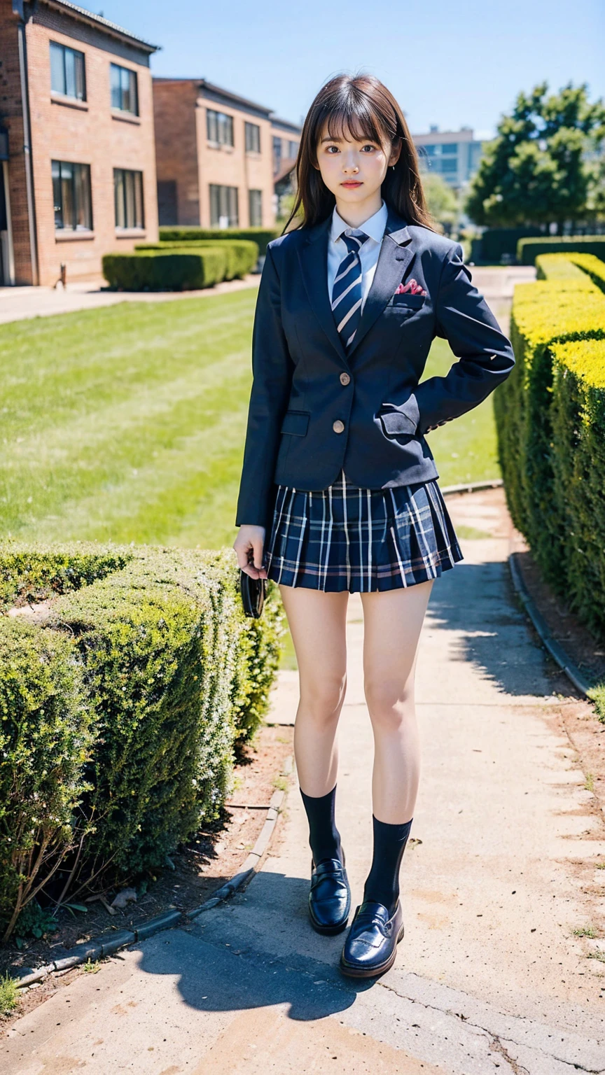 (8K、RAW Photos、Highest quality、masterpiece:1.2)、(Realistic、Realistic)、1 Girl、((Black Check Mini Skirt、High School Uniform、blazer、Navy Socks、loafers、Medium Hair、garden、View from the front、Looking into the camera、Stand with hands on hips))、cute